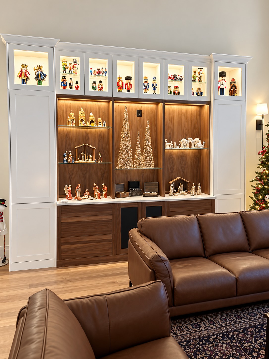 Custom illuminated display cabinetry with walnut panels and white cabinets