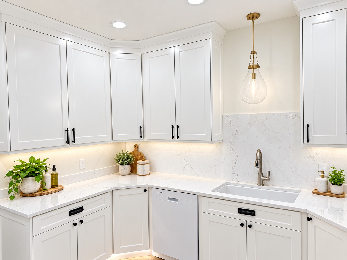 White kitchen cabinetry with black hardware and warm lighting