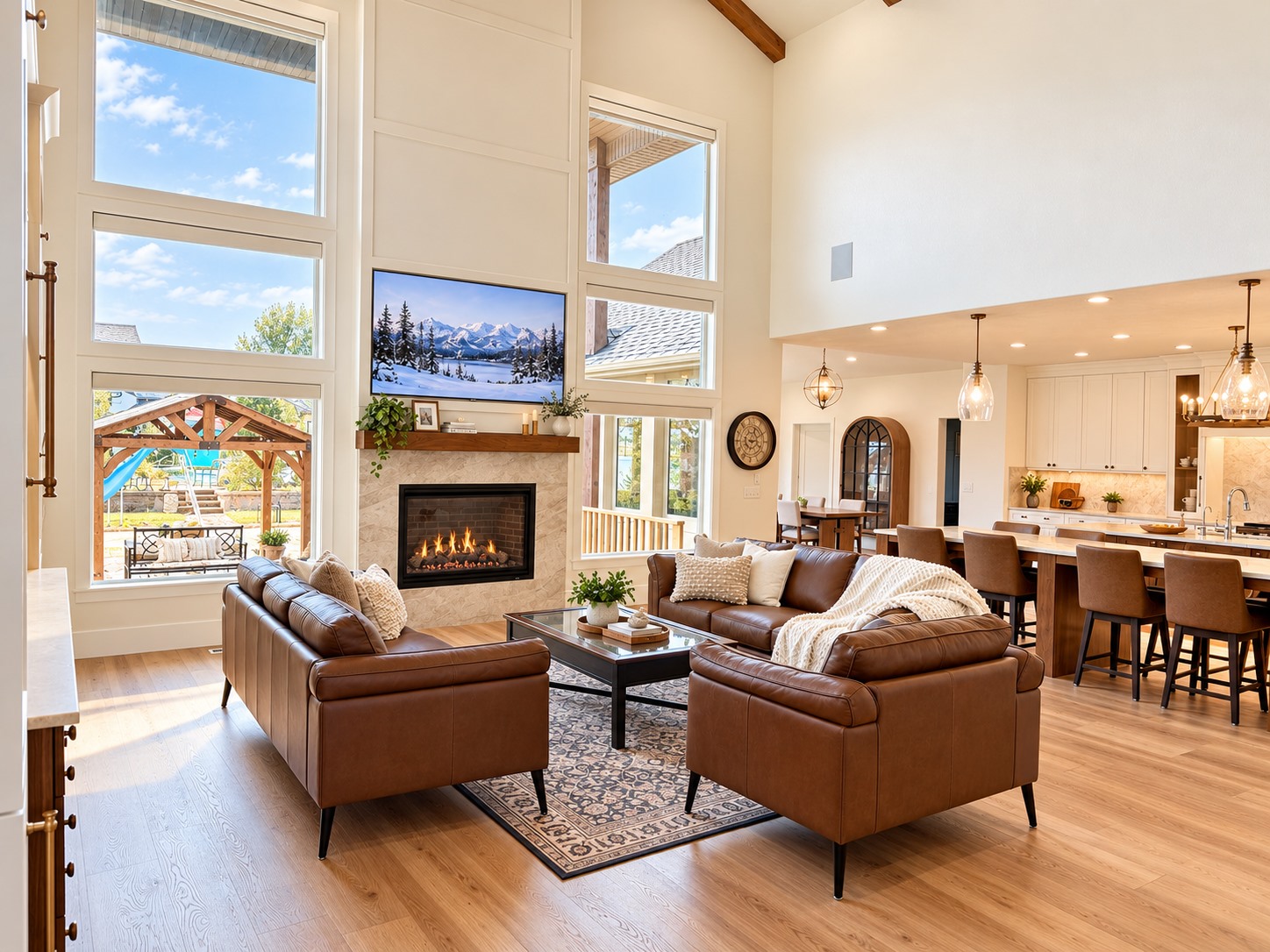 Bright rustic great room with double-height windows, a fireplace and an open kitchen